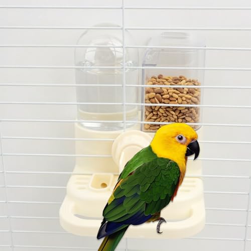 Automatic Bird Feeder and Water Dispenser Combo, 2-in-1 No-Spill Cage Mounted Parrot Food Water Bowl with Perch, Leak-Proof Bird Feeding Station for Parakeets Cockatiels Conures Lovebirds Small Birds