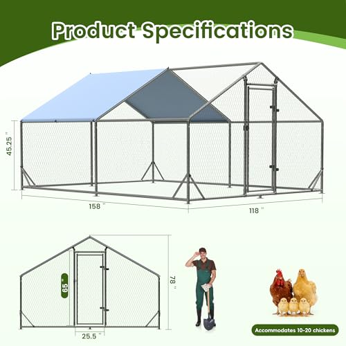 Outdoor Metal Chicken Coop Large Walk-in Poultry Cage Spire-Shaped Chicken Run with Waterproof and Anti-Ultraviolet Cover for Outside,Backyard and Farm,13' L x 9.8' W x 6.4' H - color: Spire-Shaped Roof, size: 156.0"L x 117.6"W x 76.8"H