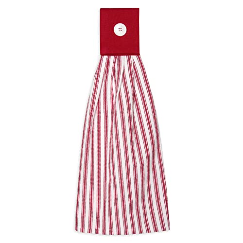 Tango Red and White Ticking Stripe Hanging Kitchen Dish Hand Towel Cotton with Button Accent, Set of 2 - color: Tango Red