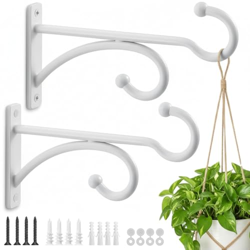 2Pack 6 Inch Plant Hangers Outdoor, Wall Hooks for Hanging Planters Baskets | Heavy-duty metal, indoor outdoor wall mount, for flower pots, wind chimes, lanterns, bird feeders, White - size: 6Inch 2Pack-White