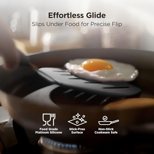 Kitchen Mama WaltzGrip Platinum Silicone Pancake Spatula Turner, Metal Gray | Heat-Resistant, Slotted Tapered Head, Stainless Steel Core, Durable and Dishwasher-Safe, For Flipping and Wok Use - color: Metal Gray