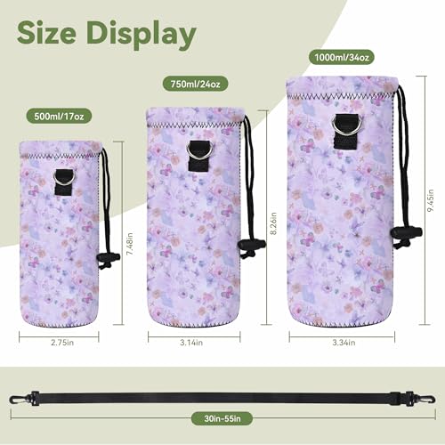 Neoprene 500ML/750ML/1000ML Water Bottle Bag Carrier, Portable Insulated Bottle Sling Holder Case Pouch with Adjustable Shoulder Strap for Men Women Walking Hiking Running - color: Flowers,Butterflies, size: 750ML