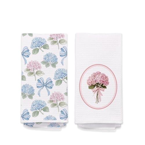 Coquette Pink and Blue Hydrangea Floral Kitchen Towels Set of 2 - Cottagecore Botanical Hand Towels for Bathroom Kitchen, Grandmillennial Flower Decorative Dish Tea Towel Dishcloth612 - color: Hcolor002