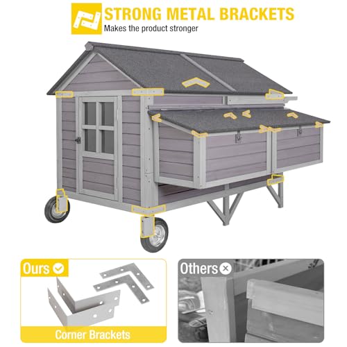 Aivituvin 68" Chicken Coop with Large Wheels - Upgraded Mobile Wooden Hen House for 8-10 Chickens, Includes 4 Nesting Boxes, 4 Perches, and 2 Removable Trays for Easy Cleaning - size: 68.1"L x 53.9"W x 49.0"H