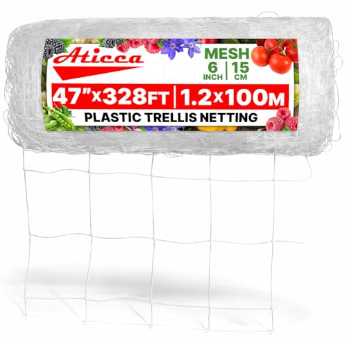 ATICCA Plastic Trellis Netting 47" x 328 ft Heavy Duty Plant Support Netting White - 6 Inch Garden Trellis on Roll - Mesh for Growing Vine Climbing Plants, Flowers, Peas, and Cucumber - size: 47''x328ft Plastic Trellis Netting
