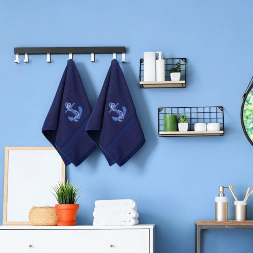 SmoothNovelty 2 Pcs Nautical Anchor Hand Towels for Bathroom 14x29 Inch | Embroidered Navy Blue Bathroom Hand Towels, 100% Cotton, Soft Absorbent, Summer Ocean Bathroom Kitchen Decor - style: Nautical Anchor