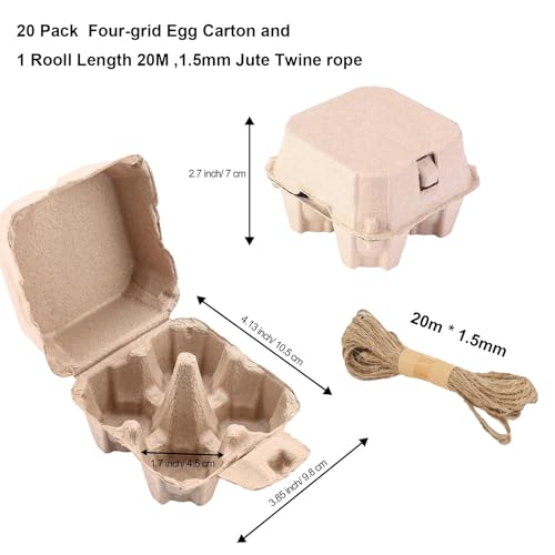 20 Pack Half Dozen Egg Cartons with Jute Twine，Cheap Bulk Empty Natural Pulp Eashter Eggs Storage Case，4 Count Square Eggs Cardboard Tray Holder for Family Farm Market Farm Storing