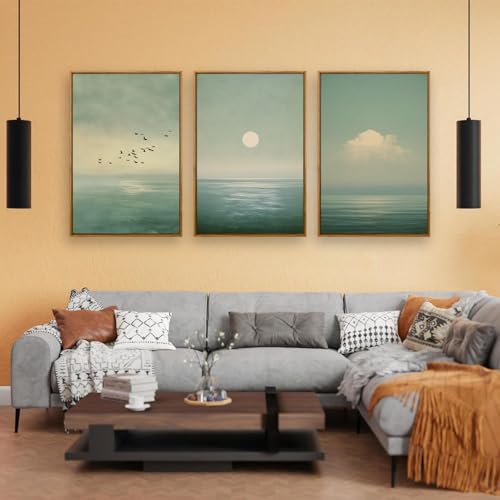 QTUSYUR Japandi Wall Art - Large Farmed Minimalist Sage Green Sunset Art Print - Abstract Calm Seascape Artwork for Bedroom Yoga Room - Scandinavian Zen Peaceful Wall Picture for Home Decor 16”×24”×3 - style: Seascape