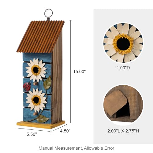 Glitzhome Bird Houses for Outside, 15" H Two-Tiered Wooden Bird House Patio Garden Hanging Birdhouse, Distressed Daisy Pet Cottage Decorative Birdhouse for Outdoors,Washed Blue - color: 15"H Blue