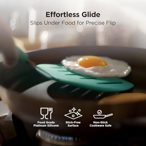 Kitchen Mama WaltzGrip Platinum Silicone Pancake Spatula Turner, Teal | Heat-Resistant, Slotted Tapered Head, Stainless Steel Core, Durable and Dishwasher-Safe, For Flipping and Wok Use - color: Teal