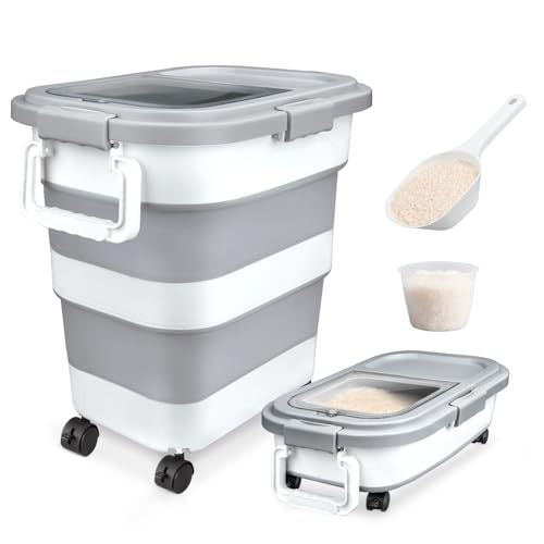 Rice Storage Container, Collapsible Airtight 10-40 Lb Rice Storage Container, 25lb Pet Dog Food Storage Container, Rice Dispenser Bin with Cup and Scoop for Flour Cereal Pasta Grain, Cat Bird - size: 10-40 Lbs