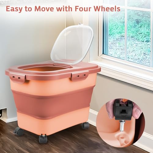 Rice Storage Containers, Collapsible 20 to 30Lbs Food Storage Bin Dispenser with Rolling Wheel and Clear Airtight Lid, BPA Free Flour, Sugar, Cereal and Dog Cat Pet food Containers - color: Pink