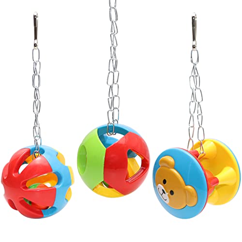Wontee Bird Hanging Ball with Bell Colorful Chewing Treat Toy for Parrot Parakeet Cockatiel Conure Lovebird Dog Puppy Cat (3 PCS) - size: 3 PCS