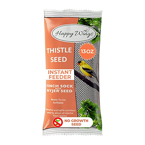 Happy Wings 13Oz Thistle Seed (Nyjer) Bird Food Prefilled Sock, No Grow | Oil Rich, High Fat & Energy Content, Single Grain, USDA & BRC-GS Approved, Finches, Sparrows, Chickadees, Cardinals, No Mess - size: 13 Ounce (Pack of 1)