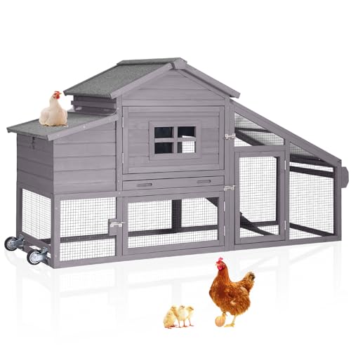 Aivituvin Mobile Chicken Coop with Wheels for 2-4 Chickens, Backyard Expandable Chicken House Duck Cage with Run, 2 Nesting Boxes, Easy Clean Pull-Out Tray, Leak-Resistant Asphalt Roof, 72.3"(Grey) - color: Grey, size: 72.3"L x 26.0"W x 39.4"H