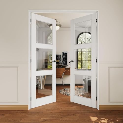 36x80 Interior French Door,3-Lite Clear Glass Doors,Living Room Doors | Matte Black Hardware-Privacy Door Lever with Lock, Latch&Hinges, Solid Core,Tempered Glass,No PreDrill,Jamb Assembly Required - color: 3 Lite, Black Hinges, size: 36x80 for 38x82 open
