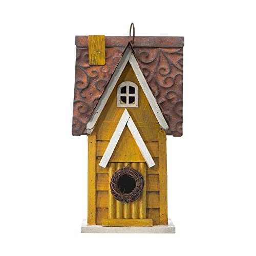 Glitzhome GH90085 Hanging Distressed Wooden Garden Cottage Birdhouse, Yellow - color: Yellow