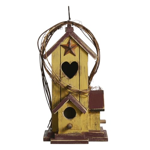Glitzhome Birdhouses for Outdoors,Hummingbird Houses for Outside, 11.5"H Yellow Hand Painted Distressed Solid Wood Bird Nesting Box Decorative Birdhouse with Rattan Hanging Bird House for Patio Garden - color: 11.5"H