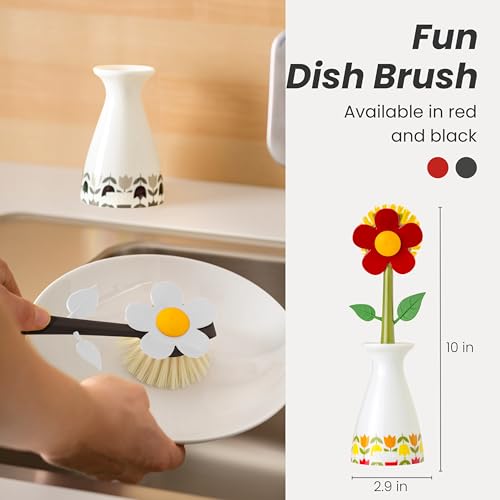 Vigar Flower Power Dish Brush with Handle and Vase Holder - White, Black | Flower-Shaped, Scrub Brush for Dishes, Dishwashing Brush, Kitchen Scrub Brush, Pot Scrubber, Kitchen Essentials - color: White