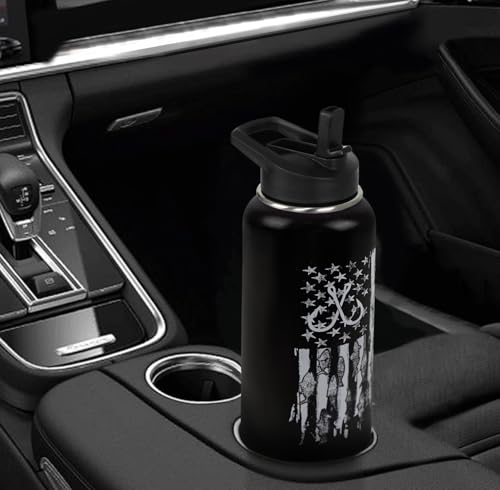 Fishing Water Bottle with Straws Fish Insulated Water Bottle Gifts for Men Dad Papa Husband Fisherman Fathers Day,Anniversary,Christmas,Birthday Travel Thermal Double Walled Vacuum Cup-32 oz - color: black fish hook