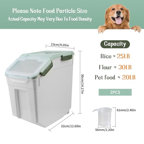 Large Flour Storage Container Bin 25lb, 2Pack Airtight Rice Storage Containers with Wheels Seal Locking Lid, BPA Free with Measuring Cup&Scoop for Flour, Rice, Grain(Green) - color: Green 2Pack 25Lb