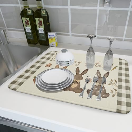 Giwawa Happy Easter Dish Drying Mat for Countertop, 18"x24" Cute Bunny Rabbits Eggs Carrot Dish Drainer Mats, Bufflao Plaids Fast Dry Microfiber Large Dish Drying Pad Kitchen Accessories Decor - size: 24" x 18"