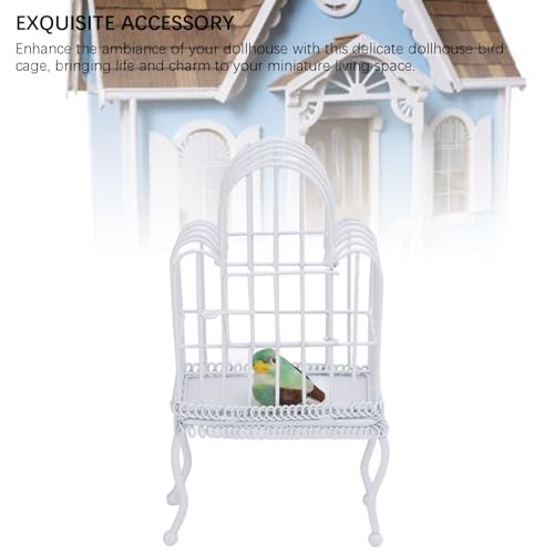 Dollhouse Bird Cage 1:12 Scale Metal Miniature Bird Cage, Realistic Opening Door, Miniature Dollhouse Bird Cage with Artificial Grass Bird Sticker (White)