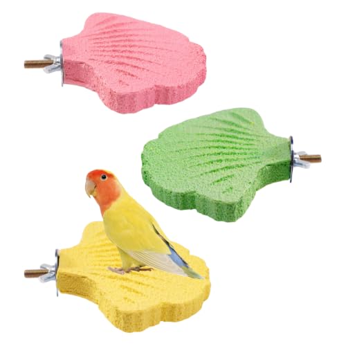 3 Pack Bird Beak Grinding Stone, Leaf Shape Birds Lava Ledge, Bird Cage Accessories Stand Platform for Budgies, Parakeets, Cockatiels, Conures - color: Yellow+Green+Rose Red