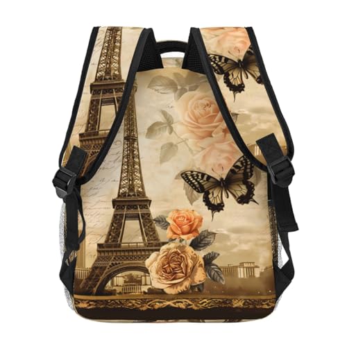 Vintage Paris Casual Backpack, Lightweight Laptop Bag Daypack, Eiffel Tower and Butterfly Backpacks for Women Men Teens Students, Retro Polyester Bookbag Gifts for School Work Travel Hiking - color: Paris