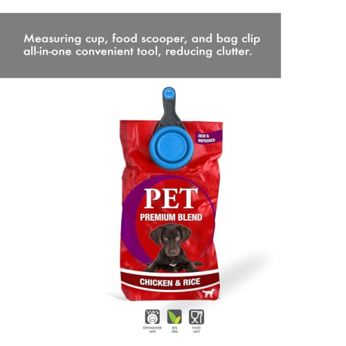 Dexas Popware for Pets Collapsible Klip Scoop, 3-in-1 Pet Food Scoop, Measuring Cup and Bag Clip, 1 Cup Capacity, Pro Blue - color: Pro Blue, size: 1 Cup Capacity