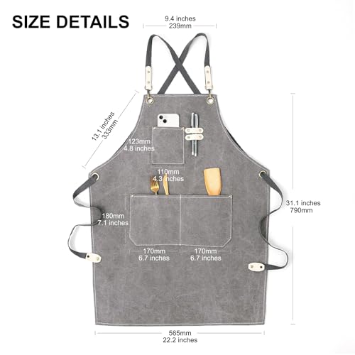 Hongsome Cotton Canvas Cross Back Apron for Art Painting Garden Chef Bartender Work,Women Men 3 Pockets Waterproof M-XXL - color: Grey