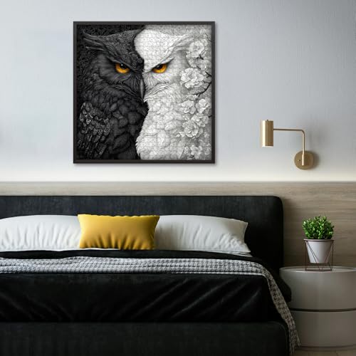 Yin Yang Owl Puzzle for Adults 1000 Pieces，Black and White Puzzles Owl Flowers, Impossible Difficult Hard Bird Jigsaw Puzzle, Animal Floral Art Challenge Puzzle Aesthetic - style: PT-986-Yin Yang Owl Puzzle