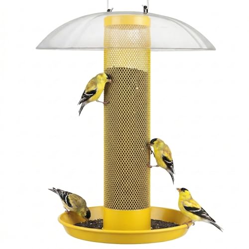 Kingsyard Finch Thistle & Nyjer Bird Feeder for Outdoors Hanging | 9.5" Rustproof Metal Removable Tray, 11.5" Weatherproof Dome, 2.5 lb Seed Capacity, Garden & Backyard Birding Gift, Yellow - color: Yellow