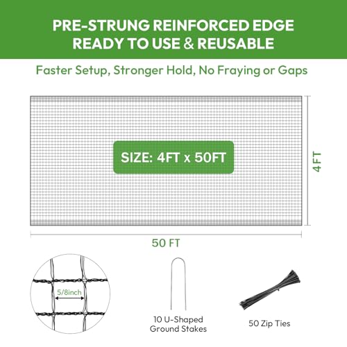 Deer Fence for Garden 4ftx50ft, Plastic Mesh Garden Fencing with Pre-Strung Reinforced Edge, Durable Temporary Fencing, Animal Barrier Fence, Ideal Safe Netting for Poultry, Fruit & Plant Protection - size: 4ft X 50ft