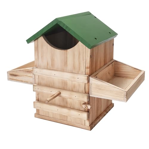 Screech Owl House with Feeder, Owl Box with Bird Stand Design | Nesting Box Wood with Mounting Screws, Cozy House for Lovely Birds, Easy Assembly Required - color: Green B