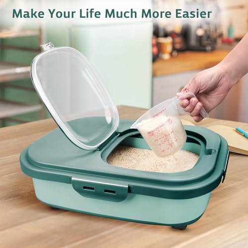 Rice Storage Containers, Collapsible 20 to 30Lbs Food Storage Bin Dispenser with Rolling Wheel and Clear Airtight Lid, BPA Free Flour, Sugar, Cereal and Dog Cat Pet food Containers - color: Green