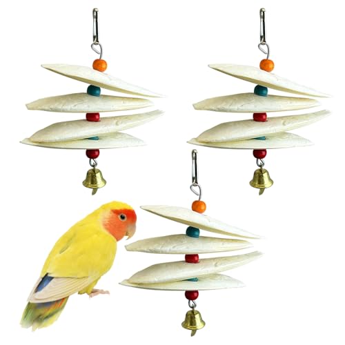 3 Pack Bird Chewing Toy Cuttlebone Parrot Toy with Bell Hanging Bird Beak Grinding Stone Parakeet Cage Accessories for Small Budgies Lovebirds Cockatiels (Flake, 4 Per Skewer) - size: 4 Flake-like