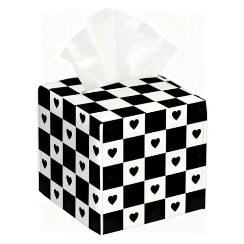 Checkerboard Heart Tissue Box Cover, PU Leather Holder Decor for Living Room/Bathroom/Kitchen, Gift for Style-Focused Homeowners, Gift for Goth Alternative Style Lovers & Self - Expression. - color: White Decoration Theme-04