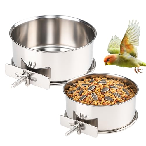 2 Pack Stainless Steel Bird Food Bowl Small Bird Feeding Dish Cups for Cage Parrot Food Bowl Cage with Clamp Holder for Parrots, Cockatiels, Small Animals (M+L) - size: M+L
