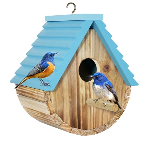 Auslar Bird Houses for Outside, Hanging Wooden Birdhouse for Outdoors, Blue | Bluebird House for Bluebirds Cardinals Finches Wrens Swallows, Bird Nesting Box with Perch & Hook, Garden Backyard Decor - style: Cylindrical