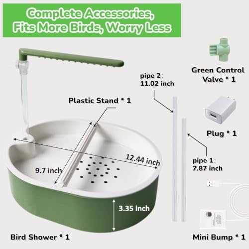 Automatic Bird Bath, Parrot Shower with Circulating Water, Green Pipe | Adjustable Water Flow, Indoor Parrot Bath for Cage with Plug for Parakeet Budgie Cockatiel Finches Cockatoo Pet Bird - color: green pipe