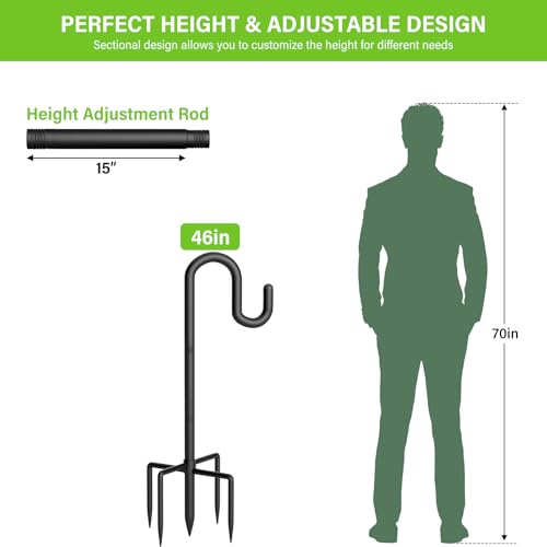 Shepherds Hook for Bird Feeder, 48" Heavy Duty Double Bird Feeder Pole with 5-Prong Base, Thickened Metal Shepherd Hook for Outdoor Hanging Plant Baskets, Hummingbird Feeder, Black, 1 Pack - size: 48 Inch, style: 1 Pack