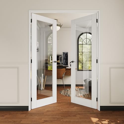 48x80 Interior French Door,1-Lite Clear Glass Doors,Living Room Doors | Matte Black Hardware-Privacy Door Lever with Lock, Latch&Hinges, Solid Core,Tempered Glass,No PreDrill,Jamb Assembly Required - color: Full Lite, Black Hinges, size: 48x80 for 50x82 o