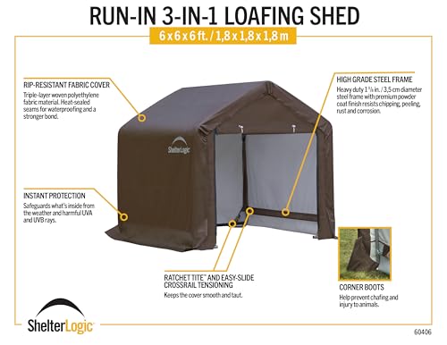 ShelterLogic 6' x 6' x 6' Agricultural 3-in-1 Run-in Loafing Shed Animal Shelter with Waterproof Cover, Brown