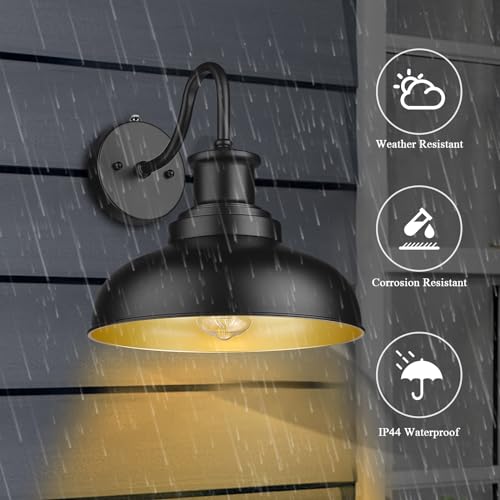 Dusk to Dawn Outdoor Barn Lights Outdoor Wall Sconces Farmhouse Exterior Wall Mount Light Vintage Outside Lighting Fixture Industrial Black Lanterns for Porch Garage Shed Patio, 2 Pack - color: Black+Gold, size: 12DDRZ007-2 PACK(Dusk to Dawn)
