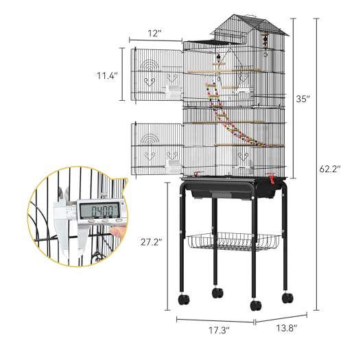 DWVO 62-inch Metal Bird Cage | Bird Cage Spacious for Cockatiels, Parrots, Pigeons, Lovebirds, Features Roof Access and Rolling Stand Black - color: Black