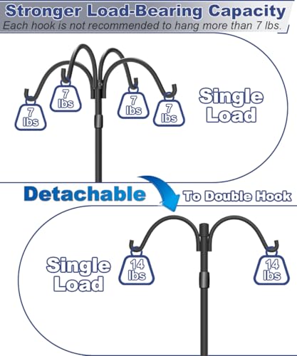 Upgrade 4-Hook Shepherd Hooks for Outdoor with Plastic Tube, 60" Heavy Duty Bird Feeder Pole with 5 Prongs Base, Adjustable Garden Hook for Solar Light, Hanging Plant, Wedding Decor, 1 Pack