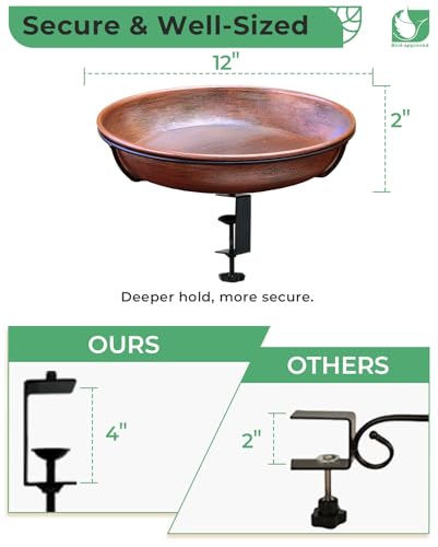 Deck Mounted Bird Bath with Adjustable Clamp, Removable Metal Bowl | 0.7 Gal Capacity, Easy Clean, Balcony Deck Use, Stable Railing Mount