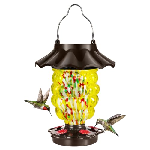 LUJII Solar Hummingbird Feeder for Outdoor Hanging, RGB Illuminated Hand-Blown Glass Lantern, 35 fl.oz, Leak-Free & Rust-Resistant, Metal Cap with 5 Feeding Ports, Pineapple Design, Yellow - color: Yellow