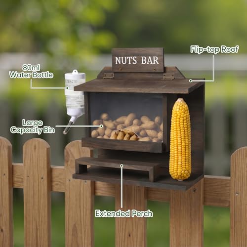 Hanging Squirrel Feeder for Outside with Picnic Table Design & Detachable Water Bottle - Funny Squirrel Picnic Table, Wooden Chipmunk Feeder for Backyard, Garden, Patio - No Assembly Required - Walnut